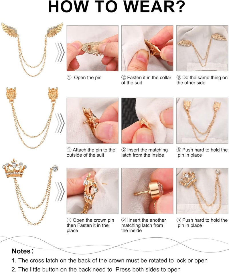 Trnayi 6 Pieces Tassel Chain Brooch Collar Pins Wedding Brooches Collar Pins Wings Wolf Head Crown Lapel Suit Shirt Tuxedo Accessories for Wedding Anniversary Halloween Birthday Party Office - Image 3